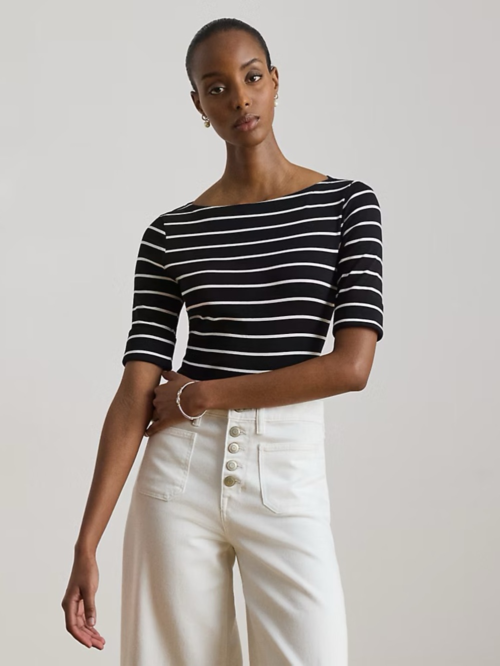 Lauren Ralph Lauren Striped Stretch Cotton Boatneck Tee | Size XL